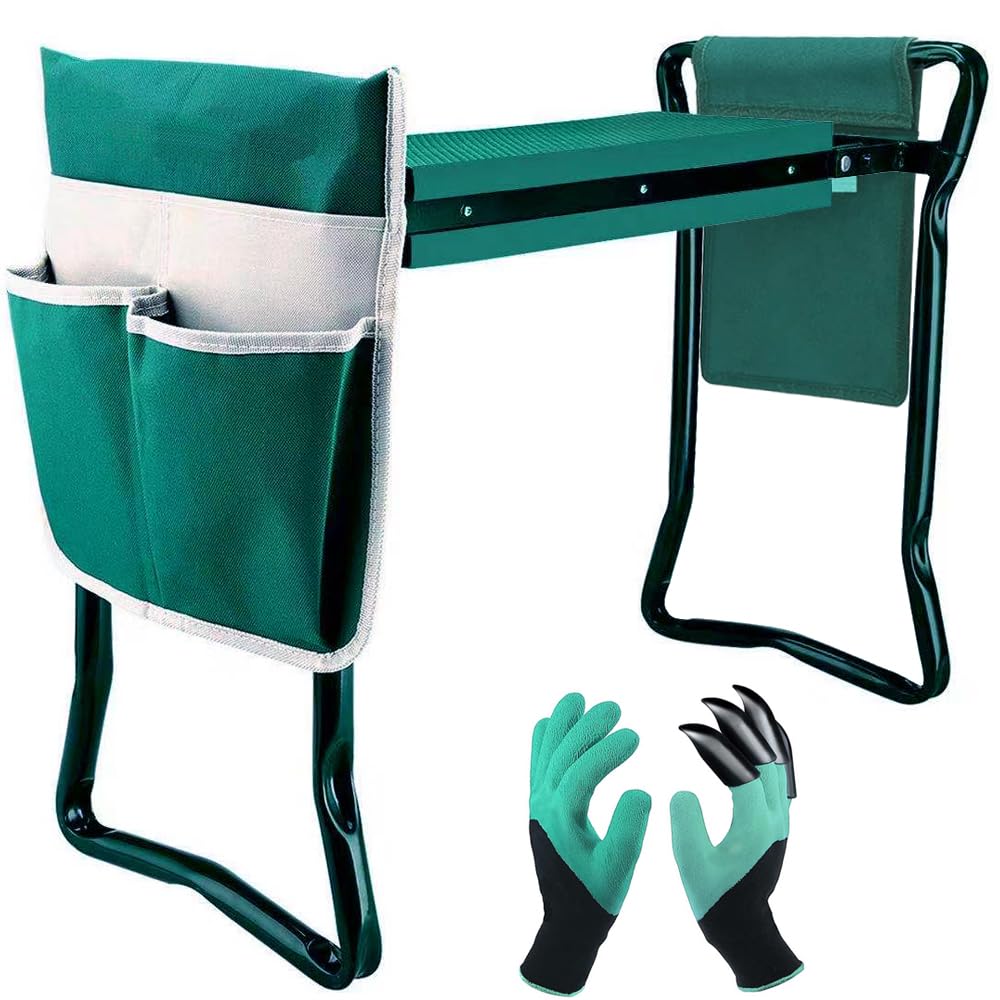Garden Kneeler Seat with Tool Bags & Gloves – Green