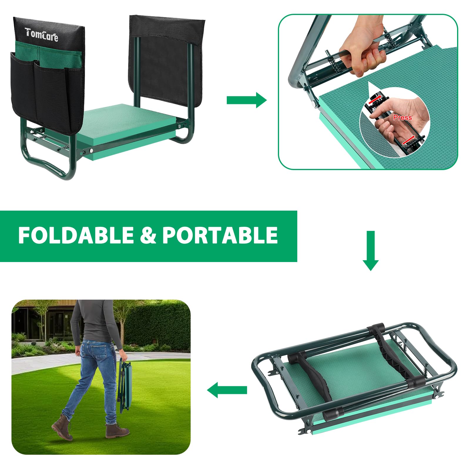 TomCare Garden Kneeler Seat – Extra Wide Pad & Tool Pouches