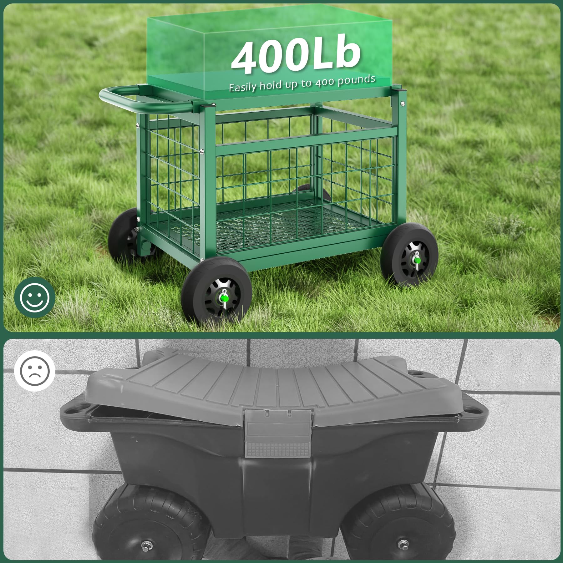 FLINTER Rolling Garden Seat with Wheels – Heavy Duty Cart for Seniors