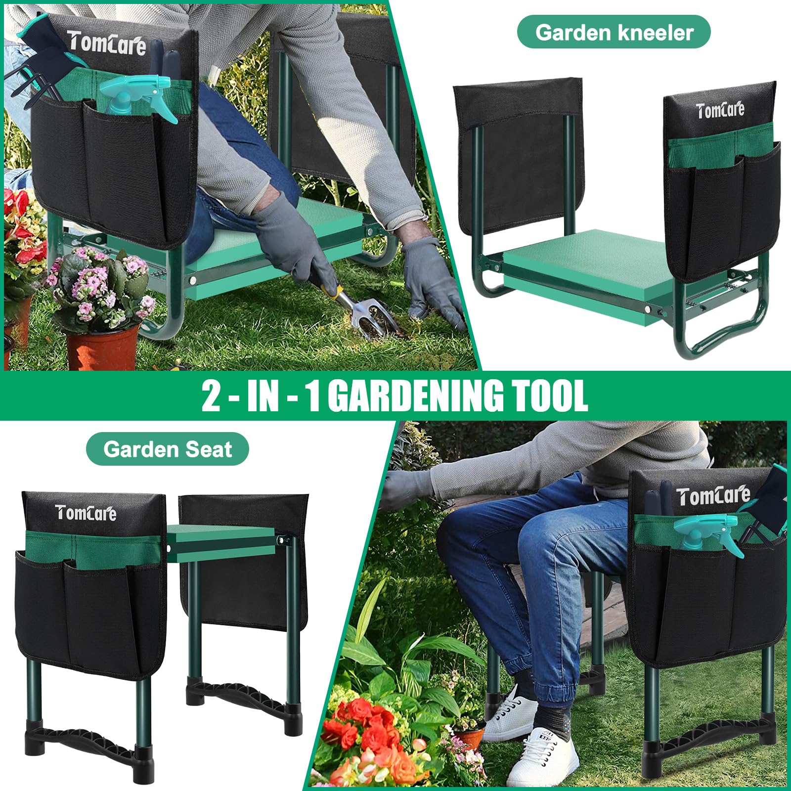 TomCare Garden Kneeler Seat – Extra Wide Pad & Tool Pouches