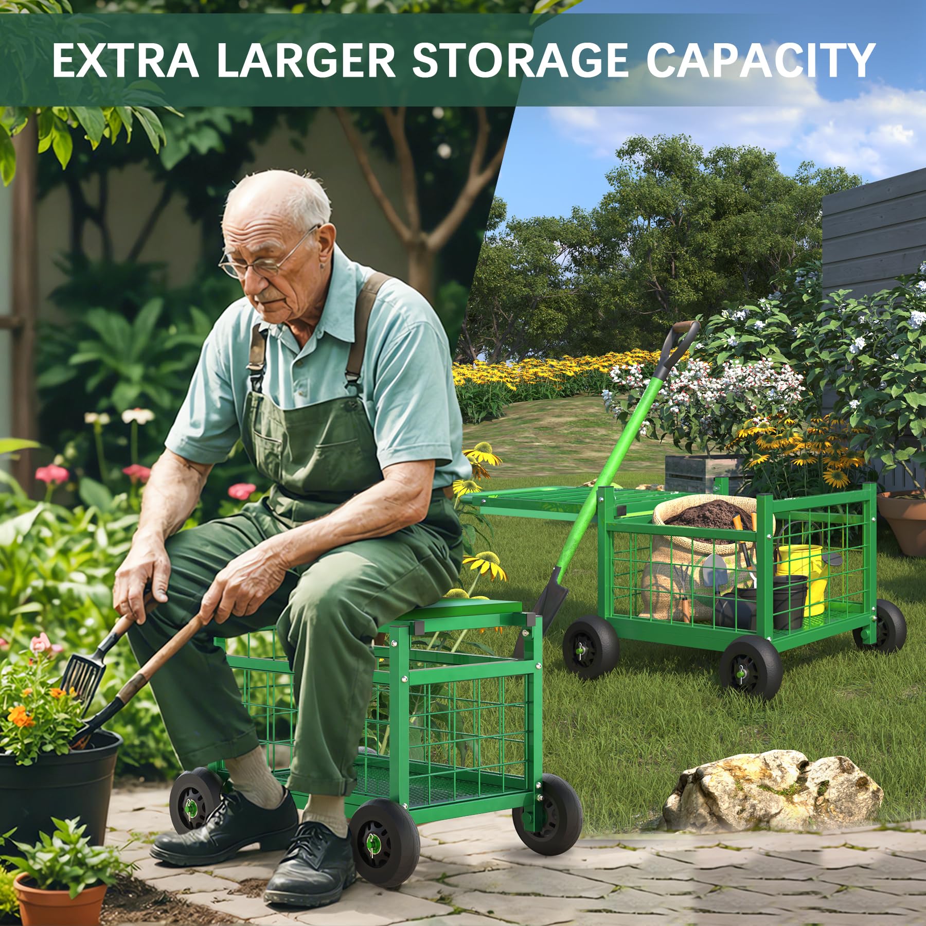 FLINTER Rolling Garden Seat with Wheels – Heavy Duty Cart for Seniors